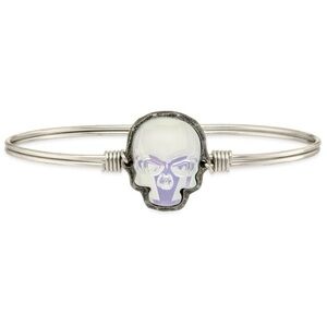 Opalescent White Sugar Skull Silver Tone Bangle Bracelet by Luca and Danni NWT